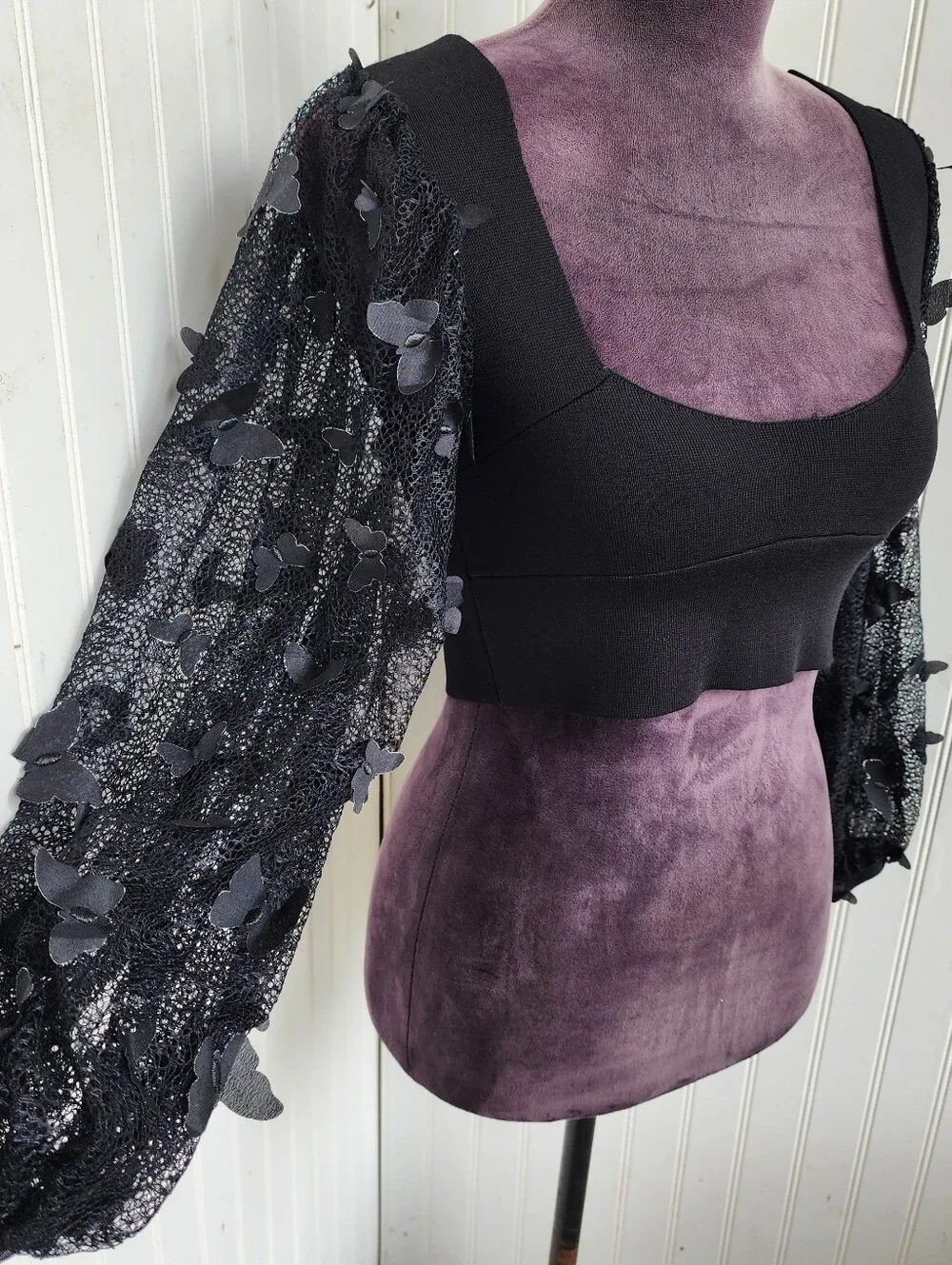 Intimately Free People Flutter Crop Top 3D Butterfly Black Sleeve Blouse Sz S